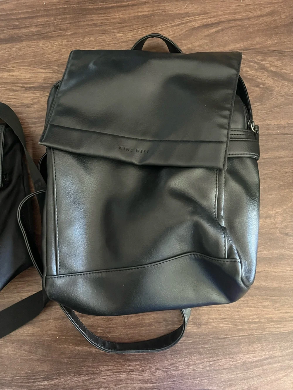 Nine West Black Faux Leather Backpack with Flap with bonus Bokkier nylon small b